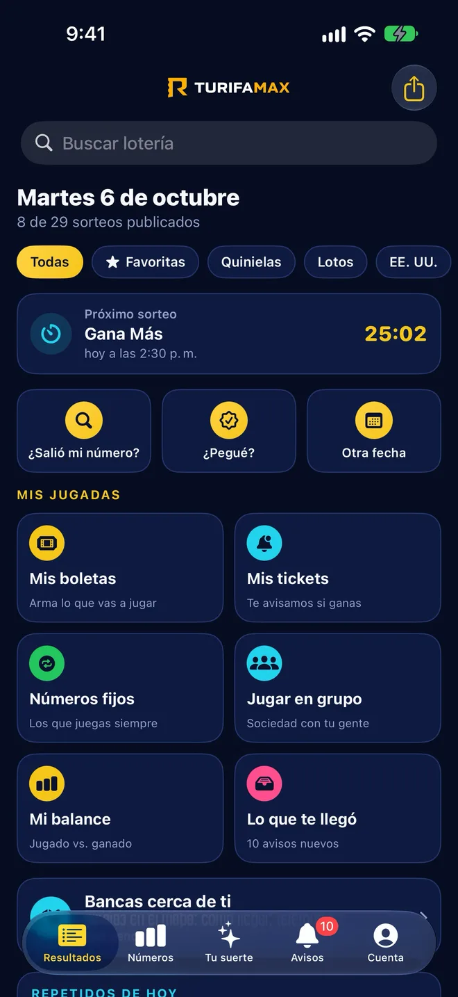 Pantalla de inicio de TuRifaMax con los resultados de hoy